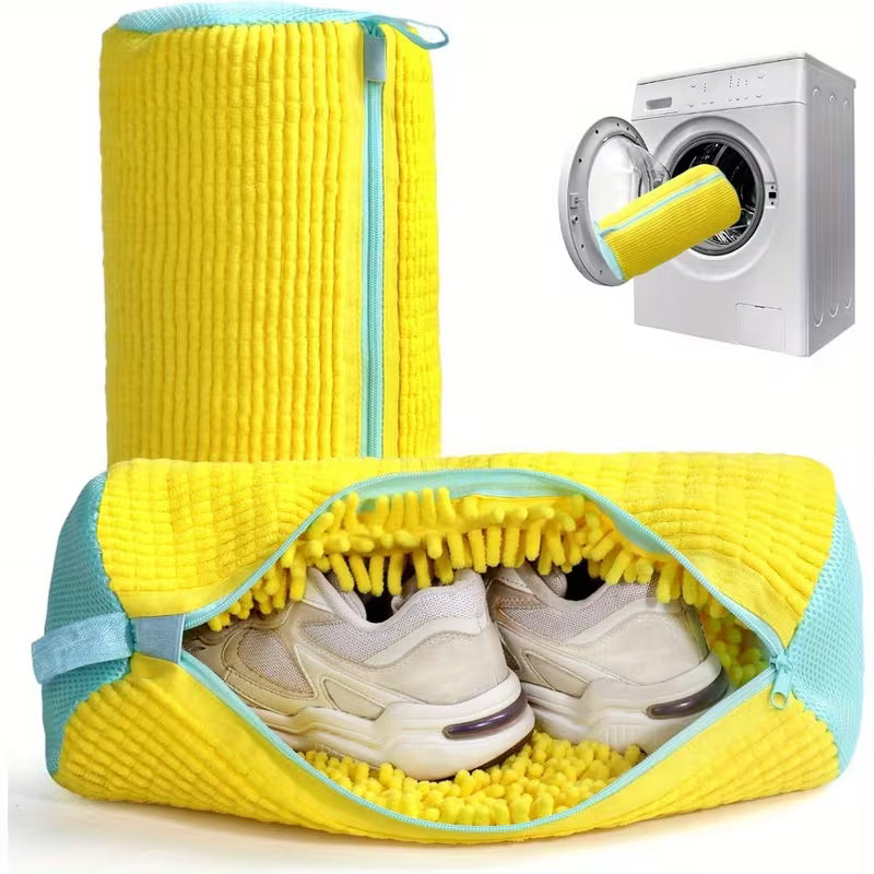 Yellow plush-lined sneaker wash bag with blue zipper