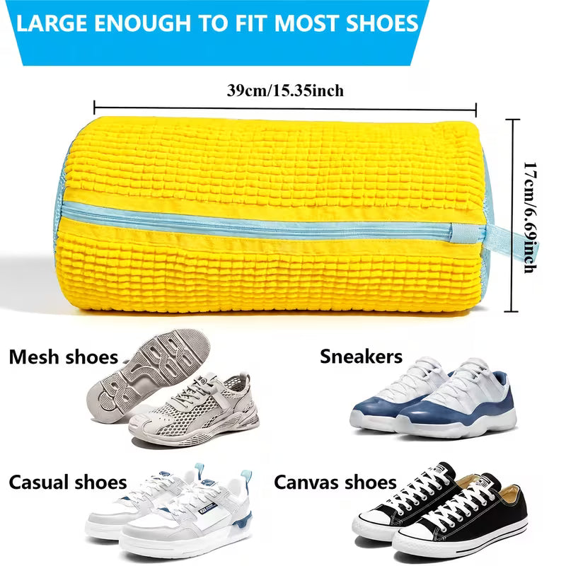 Sneakers being zipped into a wash bag before machine washing