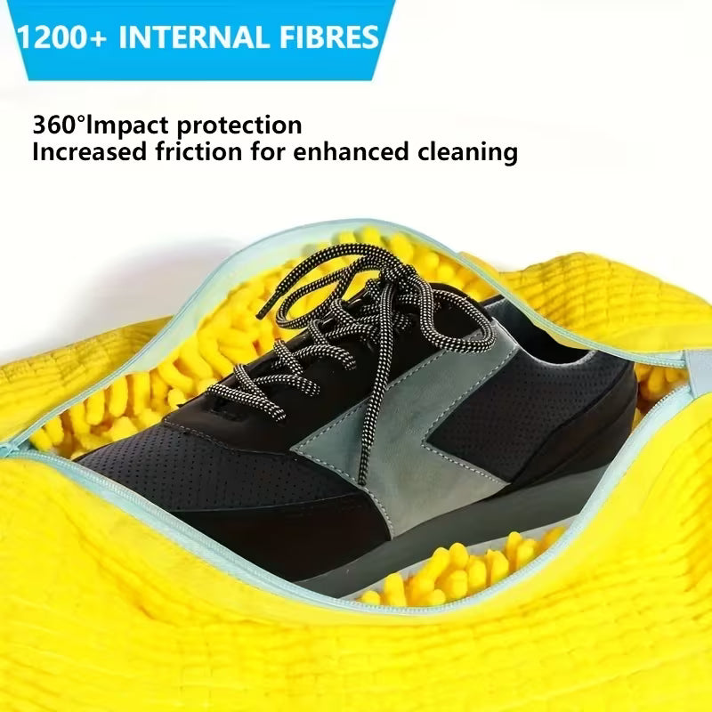 Soft scrubbing fibers inside shoe wash bag