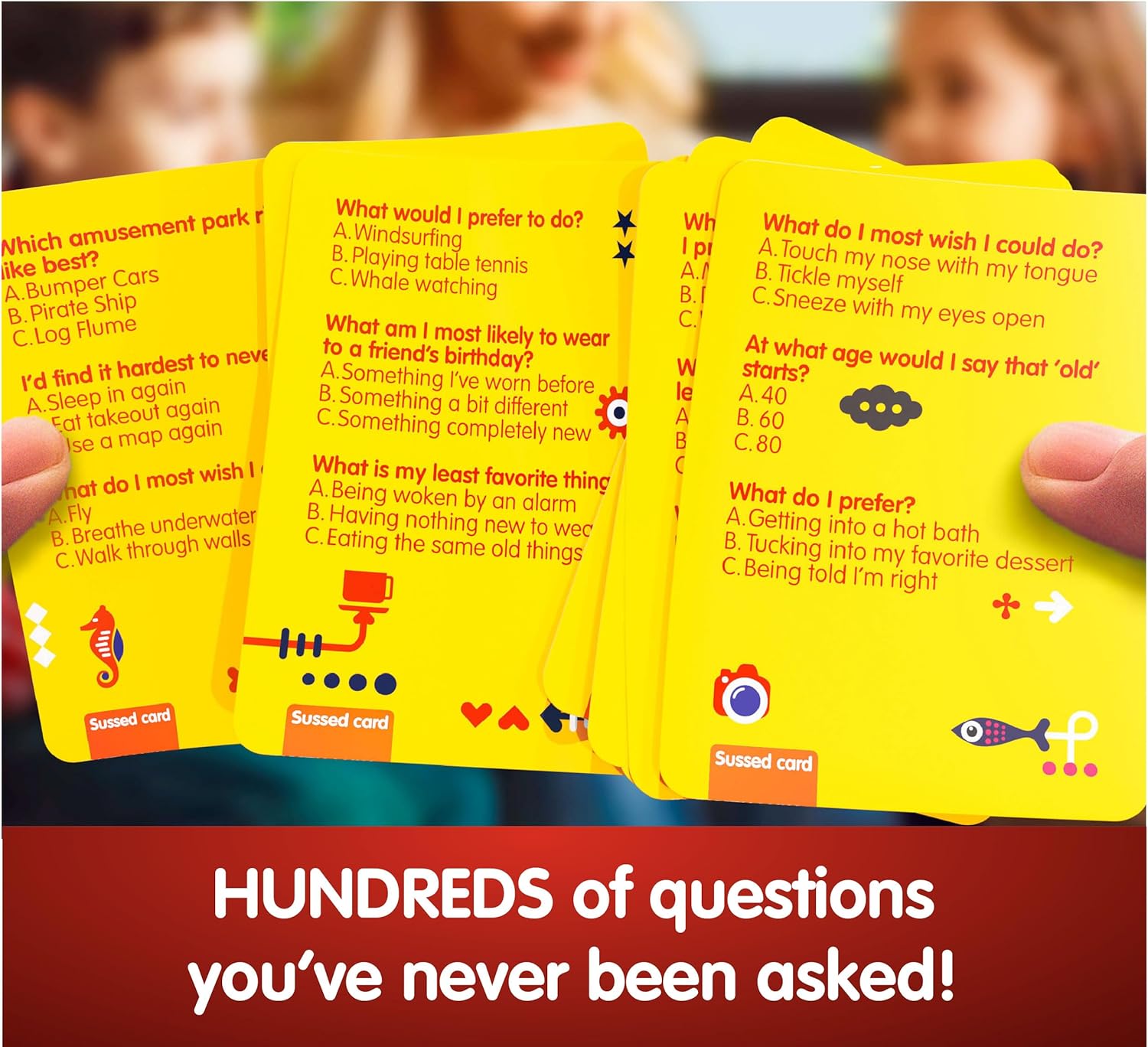 SUSSED Hello Yellow — The Wacky "What Would You Do?" Family Card Game | 200+ Questions, 650+ Answers | Ages 6+ | 2–8 Players | Travel-Size Party & Conversation Game