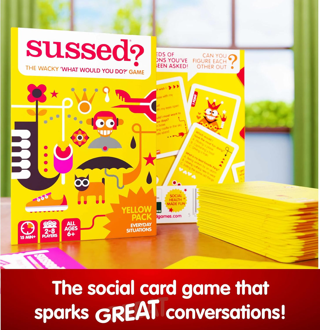 SUSSED Hello Yellow — The Wacky "What Would You Do?" Family Card Game | 200+ Questions, 650+ Answers | Ages 6+ | 2–8 Players | Travel-Size Party & Conversation Game