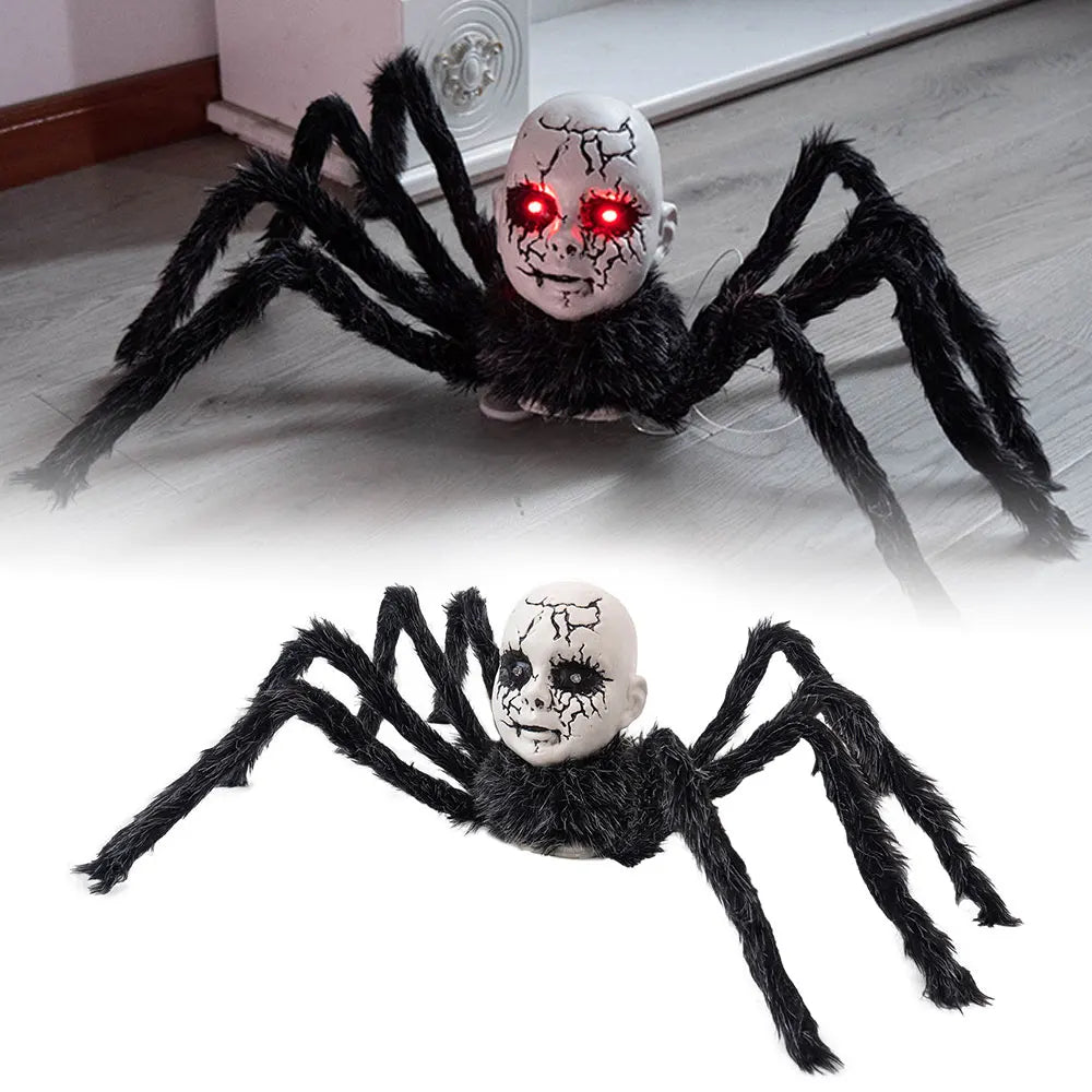Halloween Animatronic Doll Face Spider Motion Activated Glowing Eyes Sound Control Scary Walking Toy Haunted House Prop