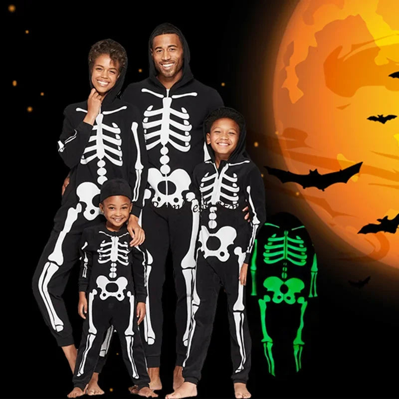 Parent-child Party Scary Skulls Cosplay Suits Luminous Skeleton Shape Costumes for Kids Adults Families Halloween Cos Clothing