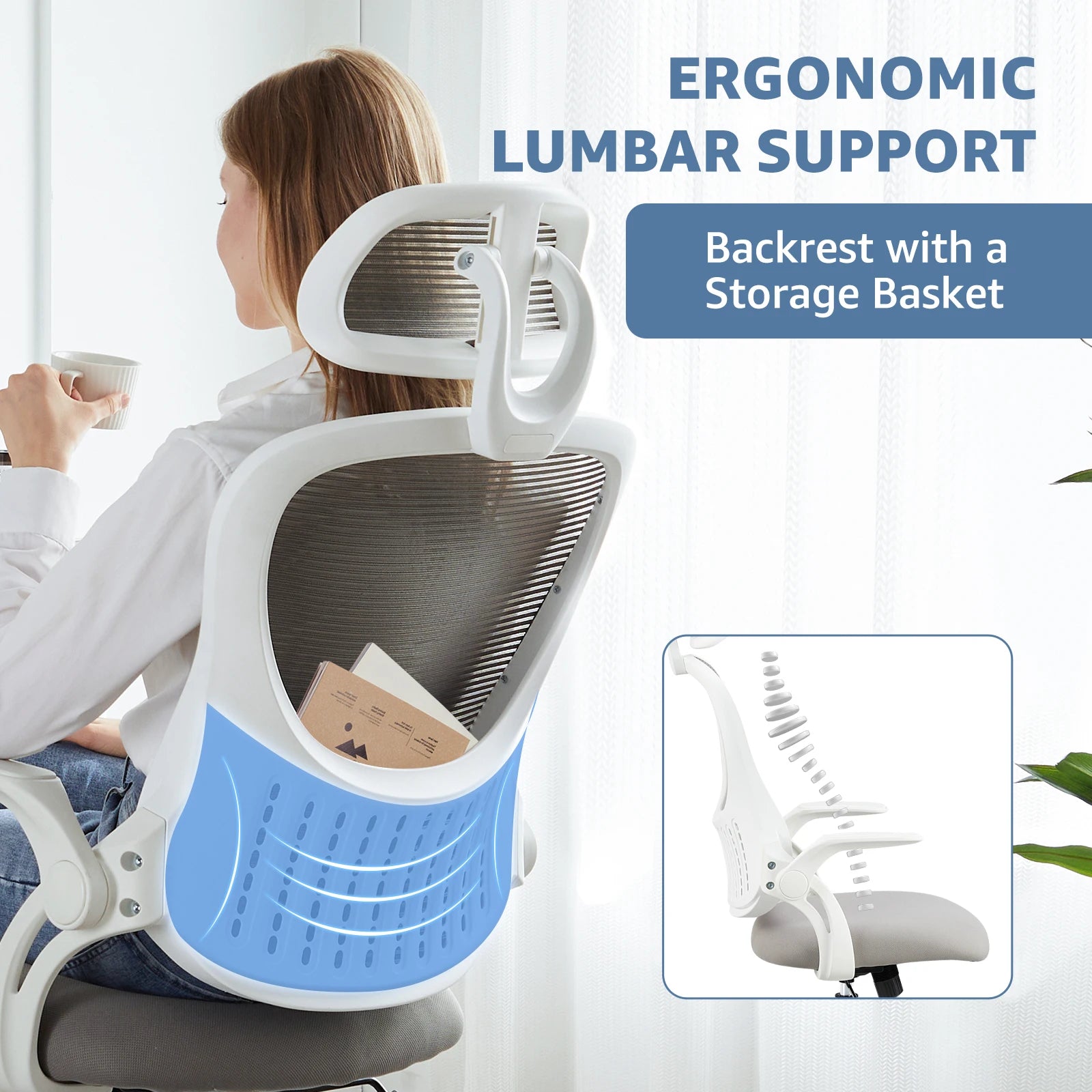 Light Gray Ergonomic Mesh Office Chair with Flip-Up Arms