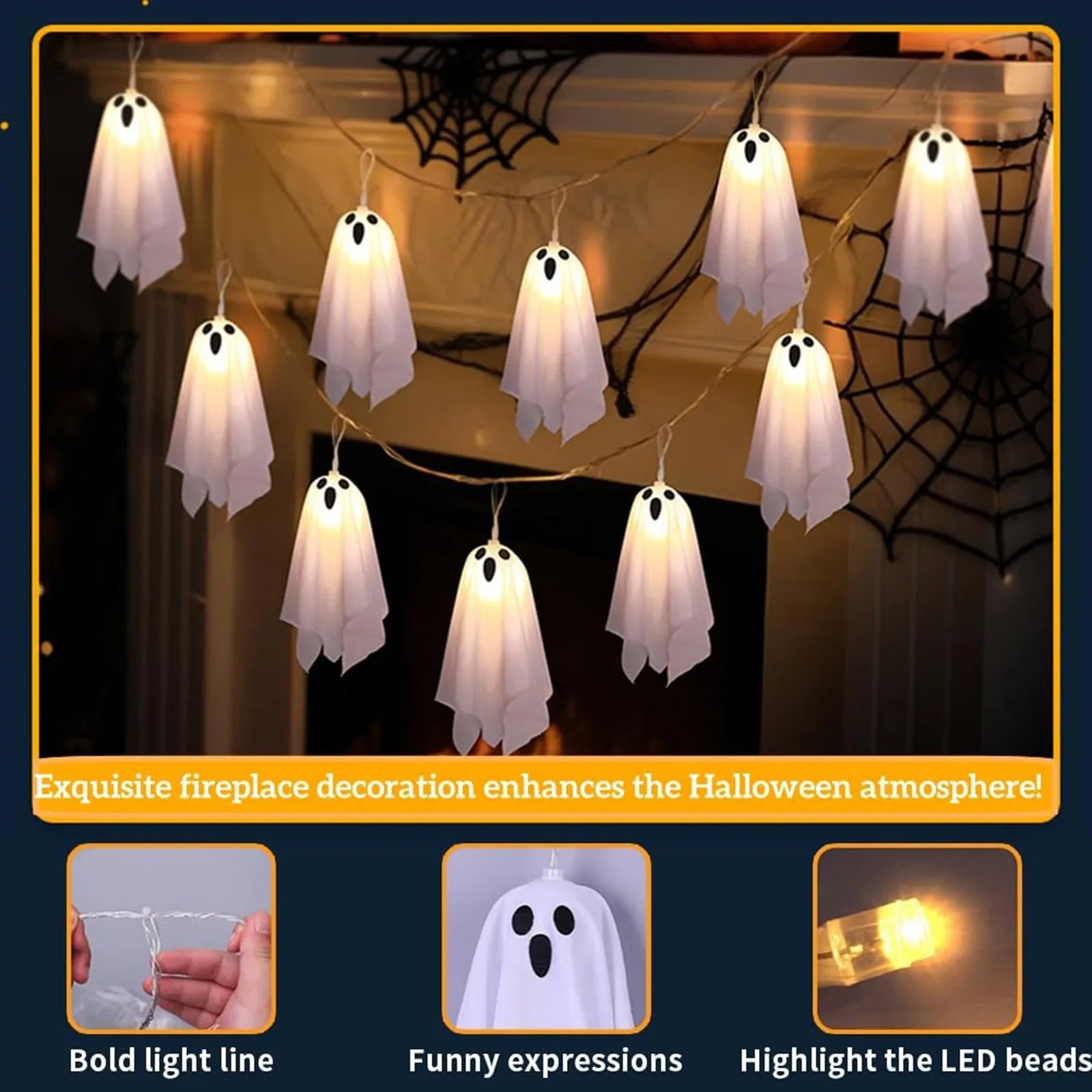 Ghost Halloween Lights, 8 Modes Waterproof String Garland, Indoor Outdoor Decorations for Party, Haunted House, Fireplace, Porch