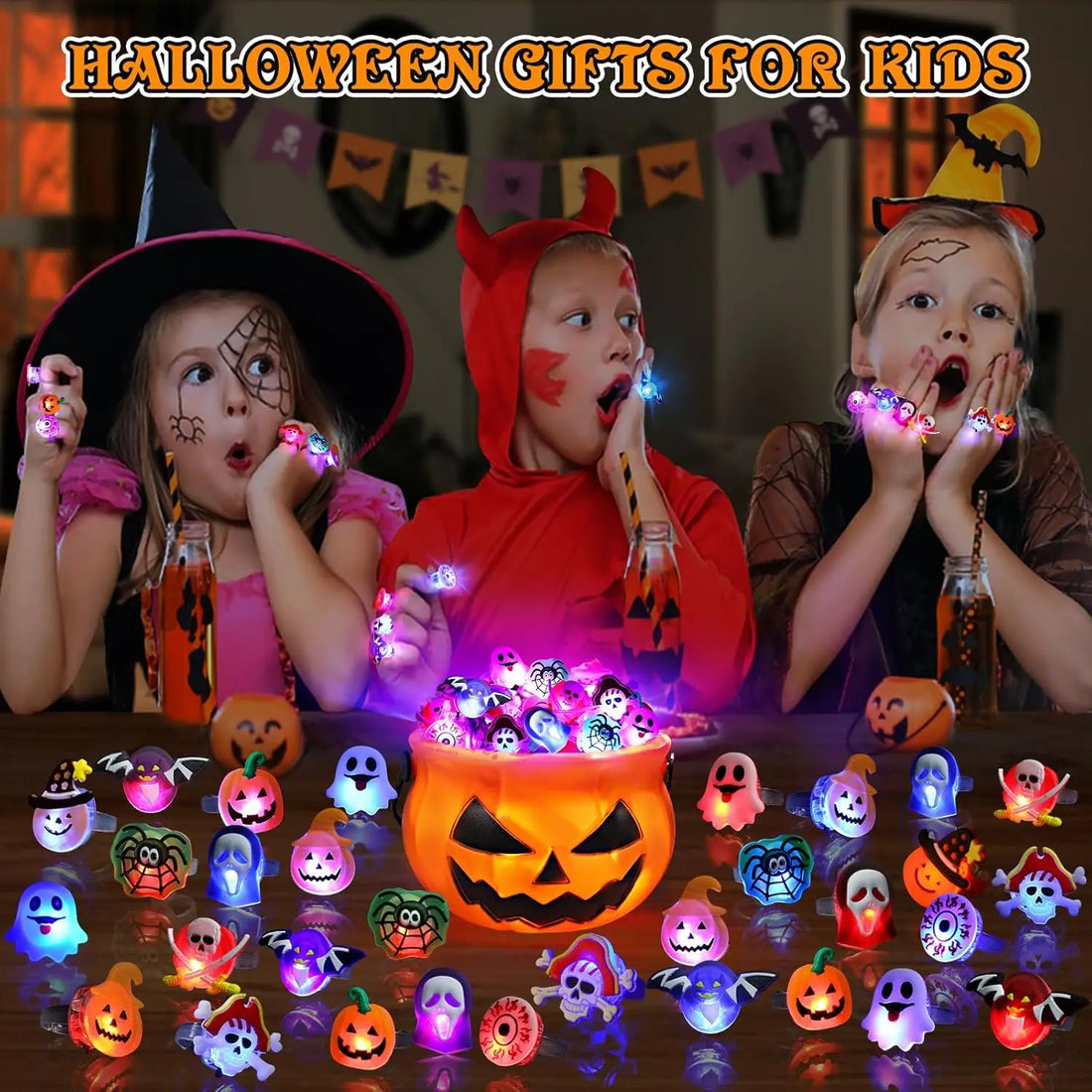 20/50pc Halloween LED Light Up Rings Toys Horror Pumpkin Ghost Spider Glow Finger Rings for Kids Trick Party Supplies Party Gift
