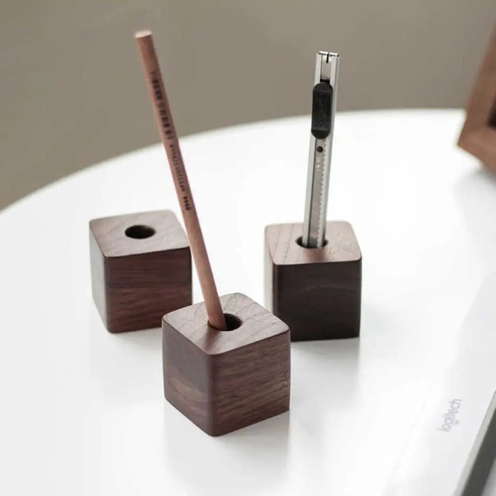 New Walnut Wood Pen Holder Square Space saving Pen Hole Multifunctional Portable Pencil Stand for Desk Stationery Storage