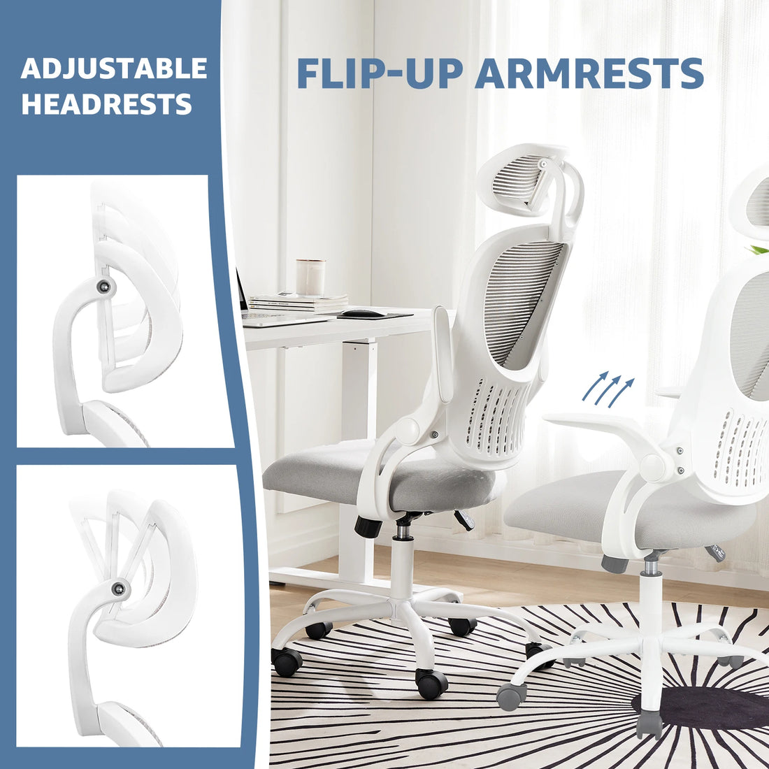 Light Gray Ergonomic Mesh Office Chair with Flip-Up Arms