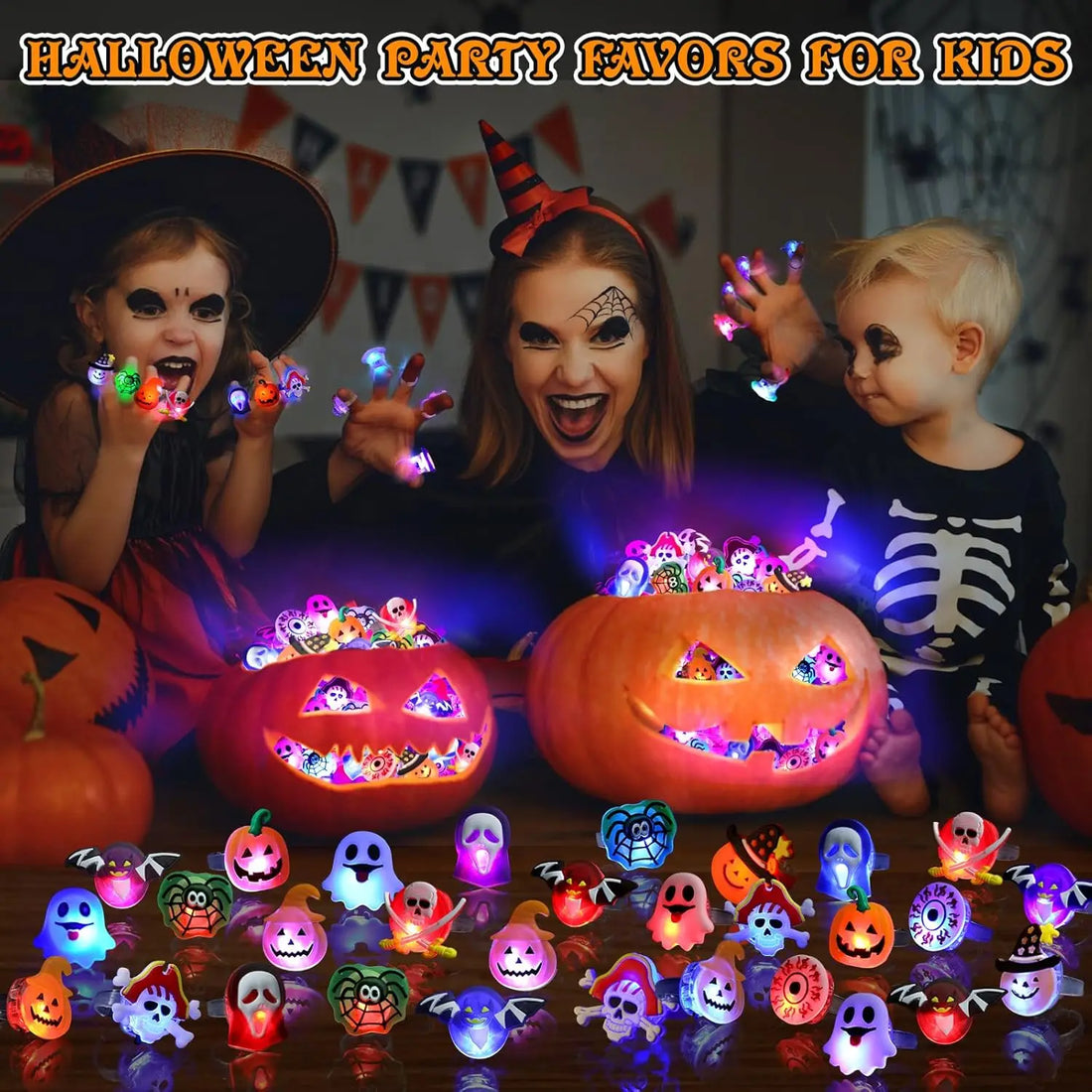 20/50pc Halloween LED Light Up Rings Toys Horror Pumpkin Ghost Spider Glow Finger Rings for Kids Trick Party Supplies Party Gift