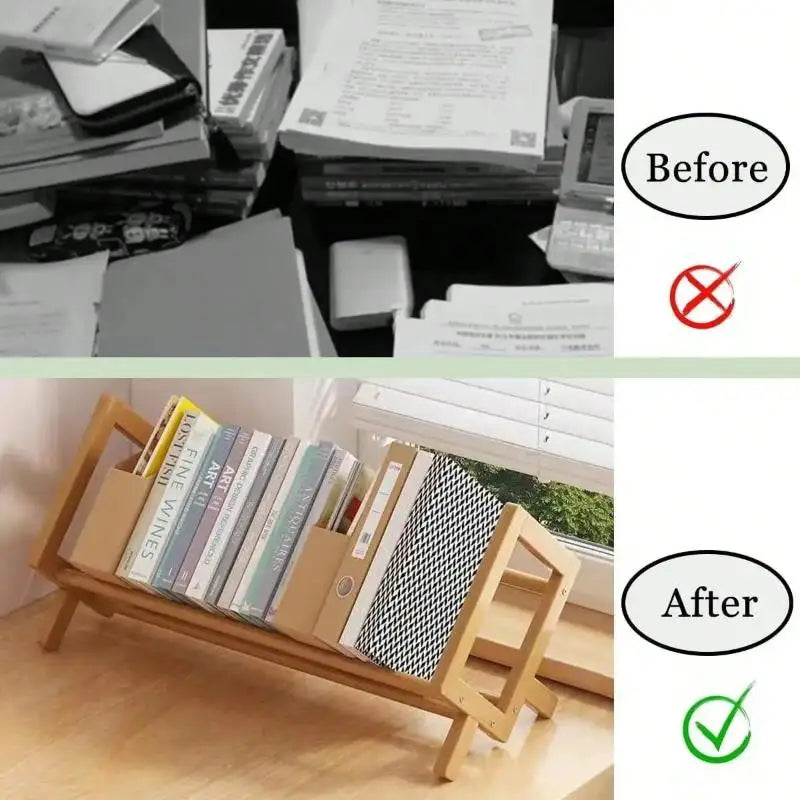 〔R〕X-Shaped Bamboo Desktop Book Rack - Minimalist Wooden Desk Organizer for Books & Folders& Office Supplies