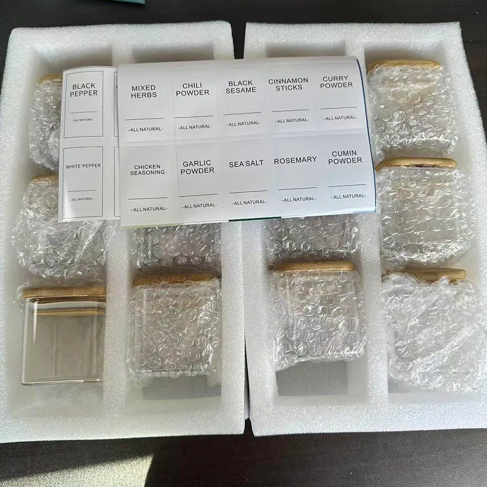 5oz Square Glass Spice Jars Set with Bamboo Lids & Labels