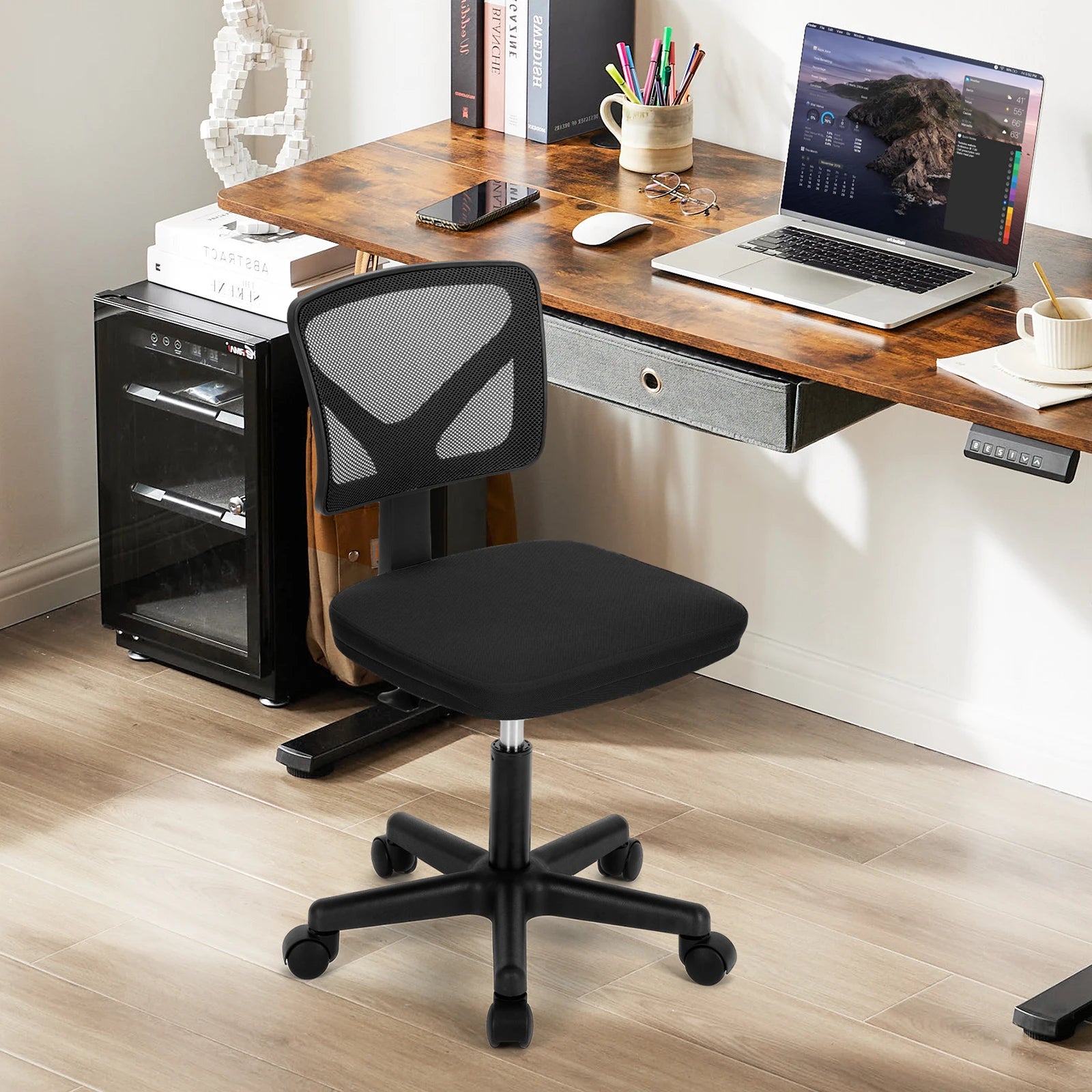 Armless Mesh Office Chair with Lumbar Support & Wheels