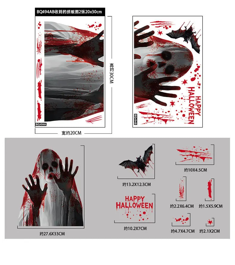 Halloween Static Cling Stickers Scary Ghost Woman Bloody Handprint Window Decals Spooky Party Home Decor Horror Decorations
