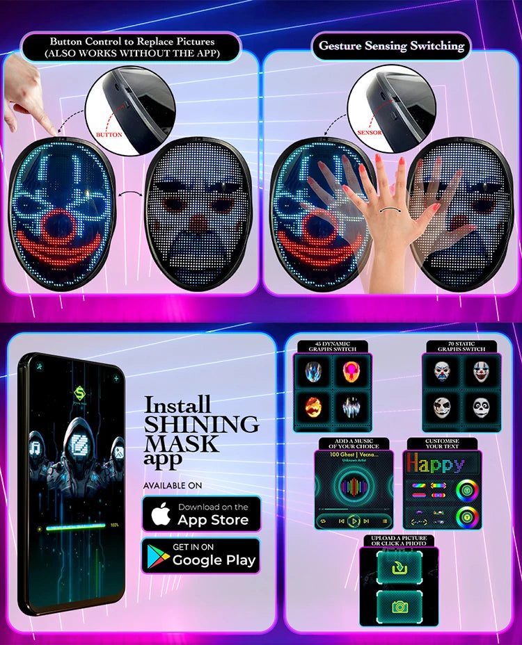Party LED Light up Mask Gesture Sensing Smart Display LED Face Masks Programmable Bluetooth App Control Transforming Mask