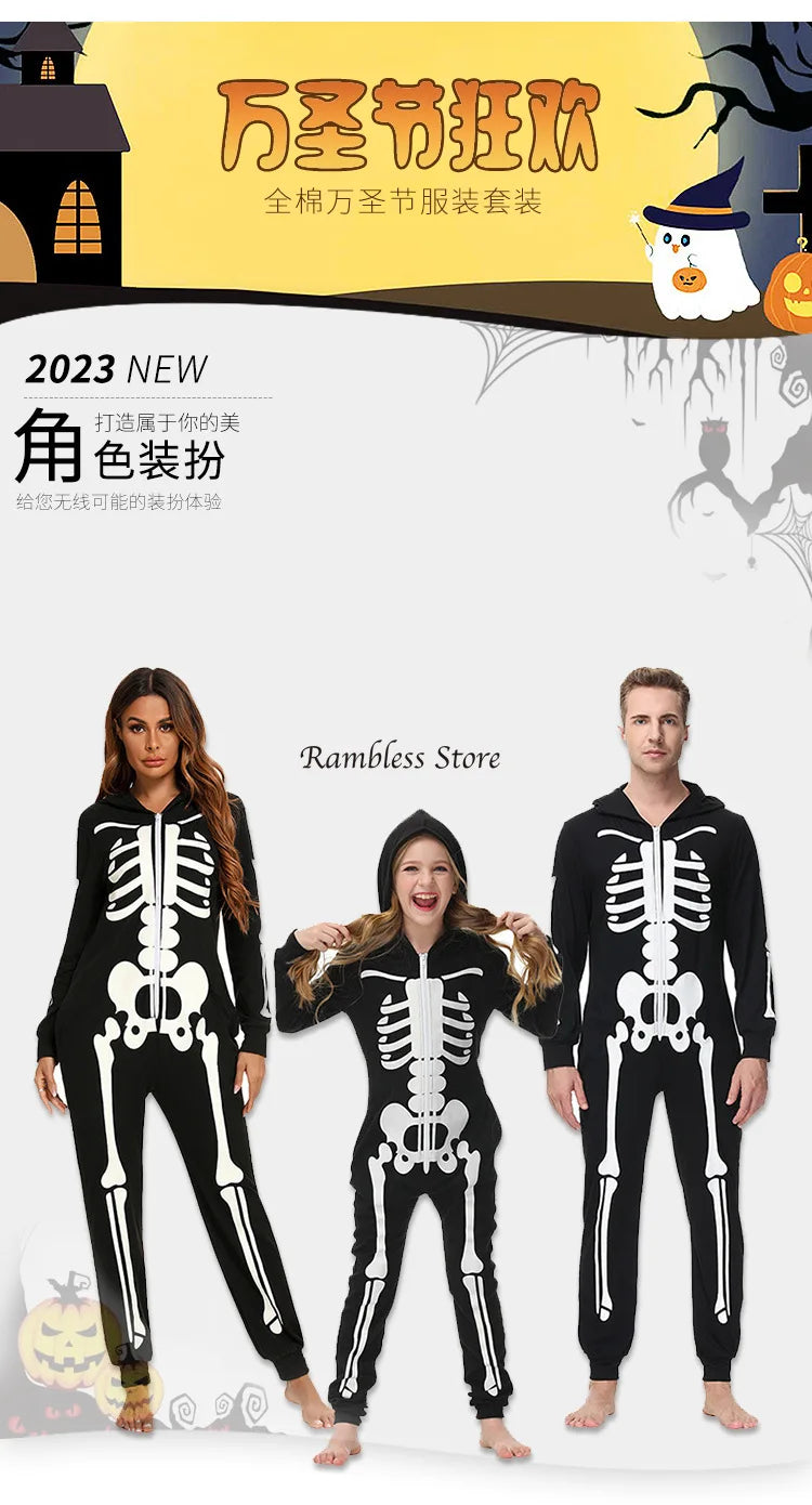Parent-child Party Scary Skulls Cosplay Suits Luminous Skeleton Shape Costumes for Kids Adults Families Halloween Cos Clothing