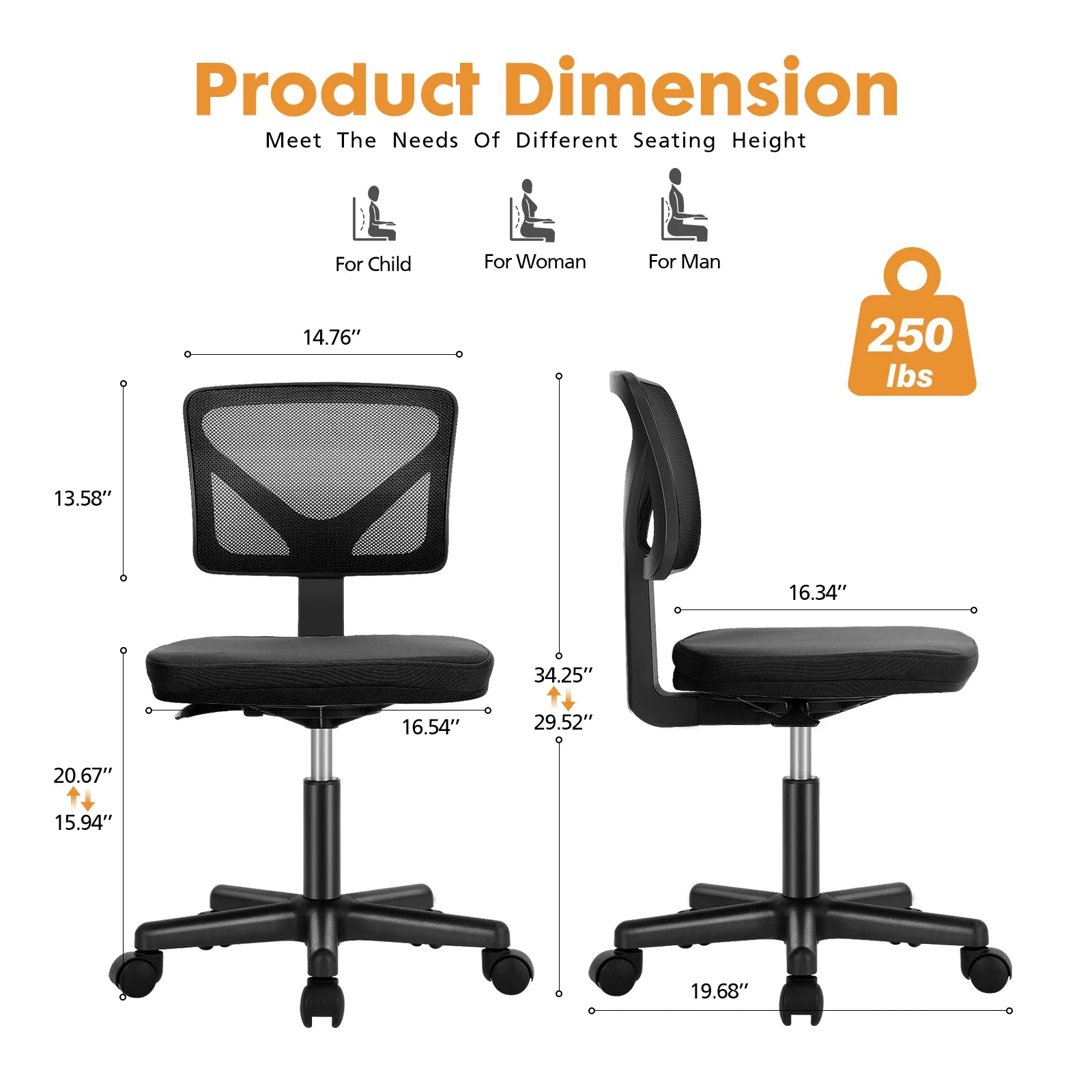 Armless Mesh Office Chair with Lumbar Support & Wheels