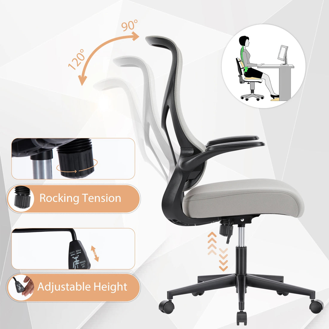 Light Gray Ergonomic Mesh Office Chair with Flip-Up Arms