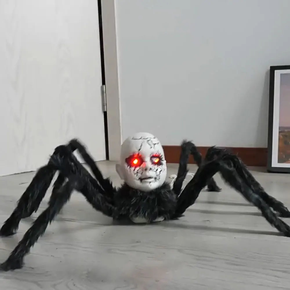 Halloween Animatronic Doll Face Spider Motion Activated Glowing Eyes Sound Control Scary Walking Toy Haunted House Prop