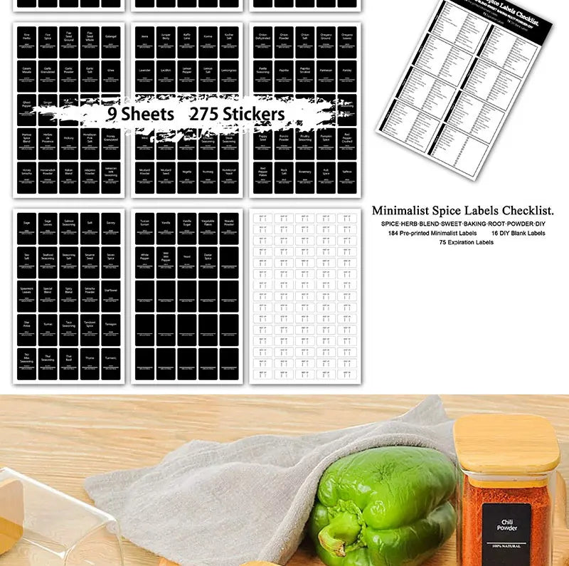 275Pcs Waterproof Preprinted Spice Jar Organizer Labels Set