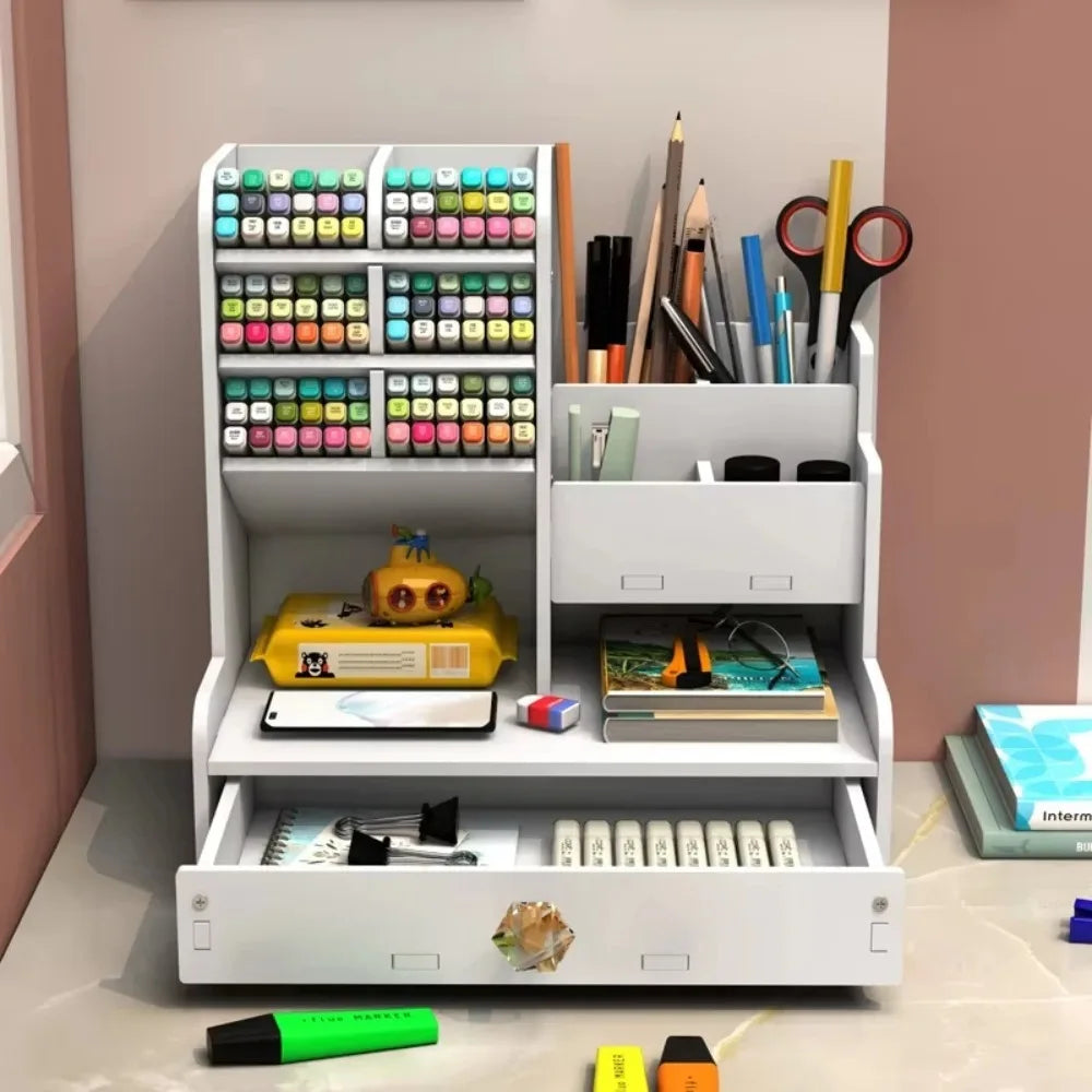 White Wooden Desk Organizer with Pencil Holder