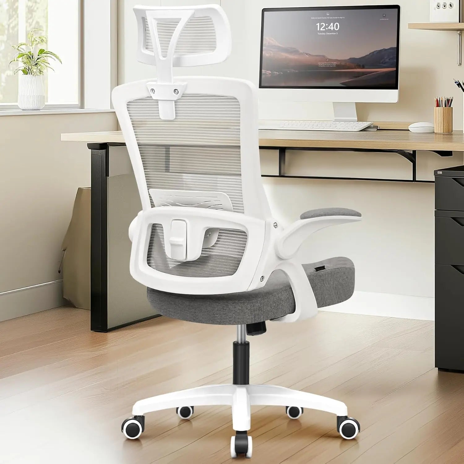Pink Ergonomic Mesh Office Chair with Flip-Up Arms