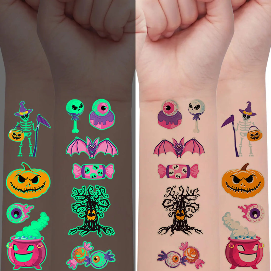 10Sheets(106 Patterns) Glow in the Dark Temporary Tattoos Stickers, Halloween Vampire, Skeleton, Zombie, Ghost, Pumpkin Designs