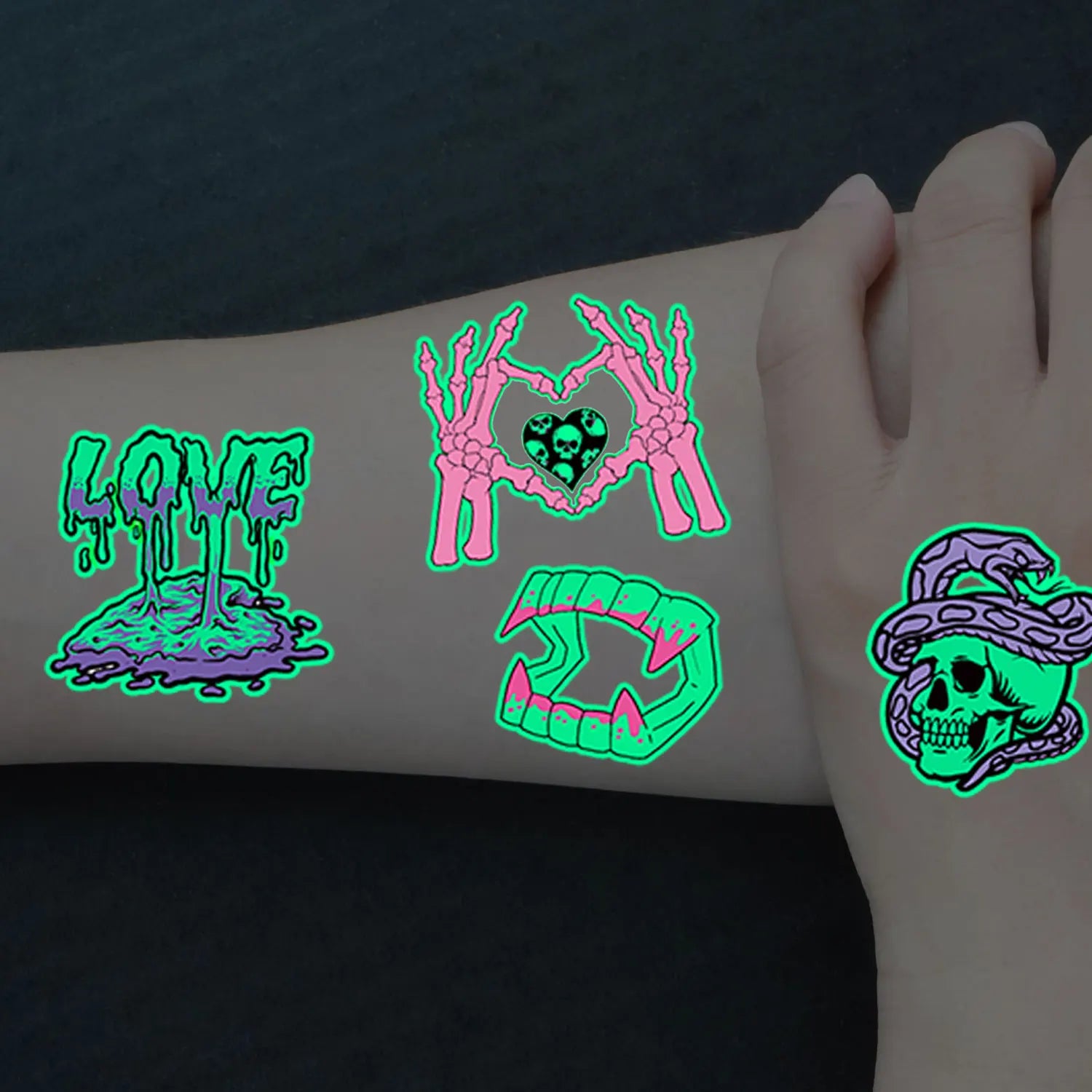 10Sheets(106 Patterns) Glow in the Dark Temporary Tattoos Stickers, Halloween Vampire, Skeleton, Zombie, Ghost, Pumpkin Designs