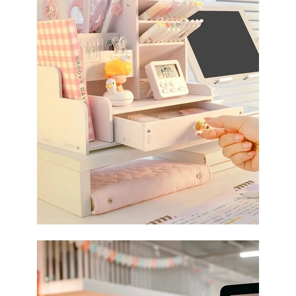 White Wooden Desk Organizer with Pencil Holder