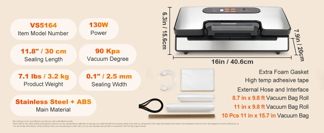 130W 90Kpa Vacuum Sealer Machine with 10 Bags Kitchen