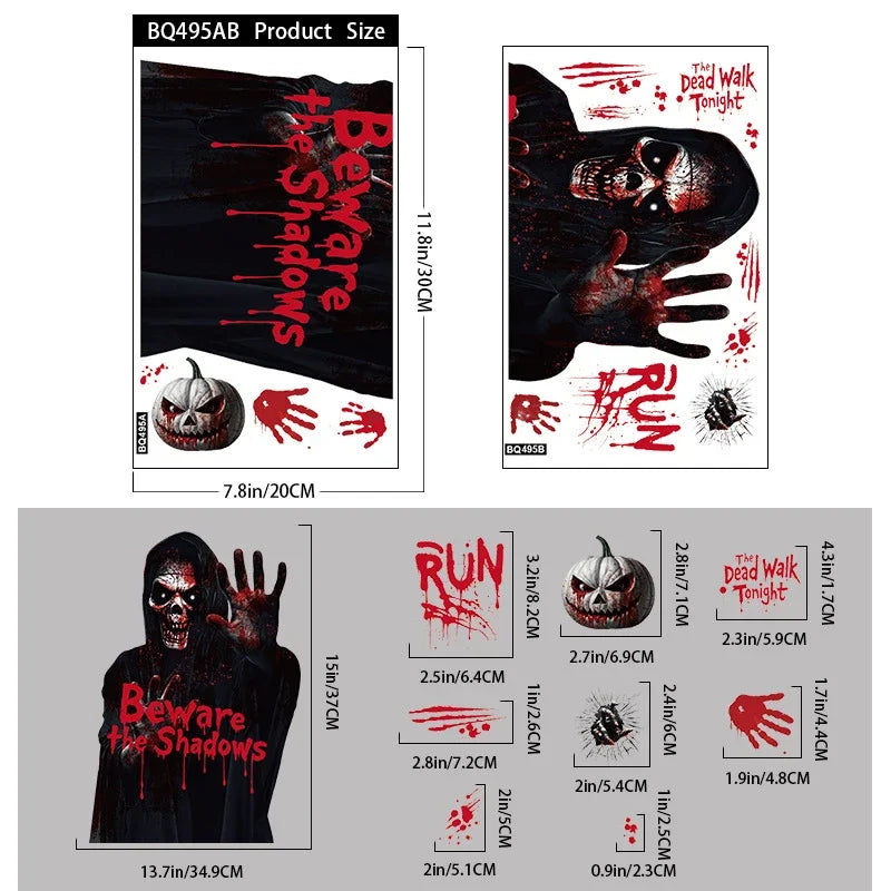 Halloween Static Cling Stickers Scary Ghost Woman Bloody Handprint Window Decals Spooky Party Home Decor Horror Decorations