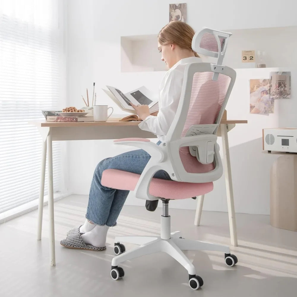 Pink Ergonomic Mesh Office Chair with Flip-Up Arms
