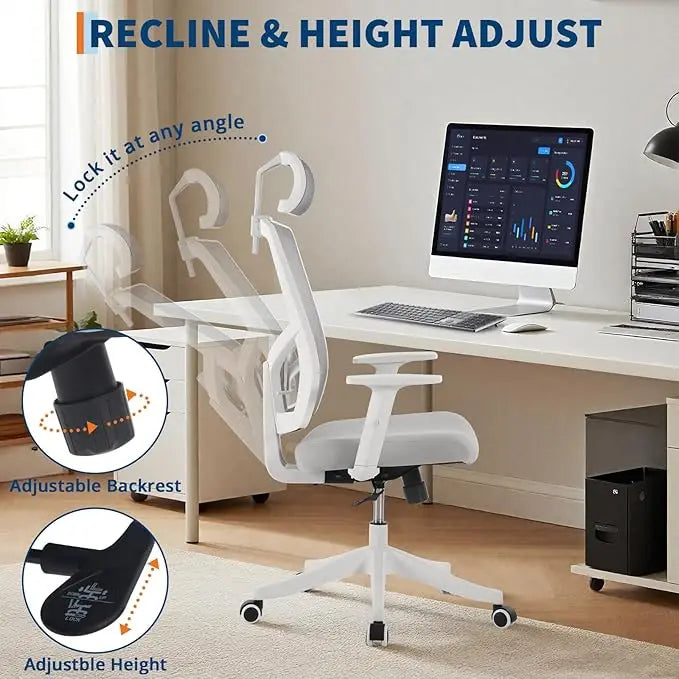 White Ergonomic Mesh Office Chair with Headrest