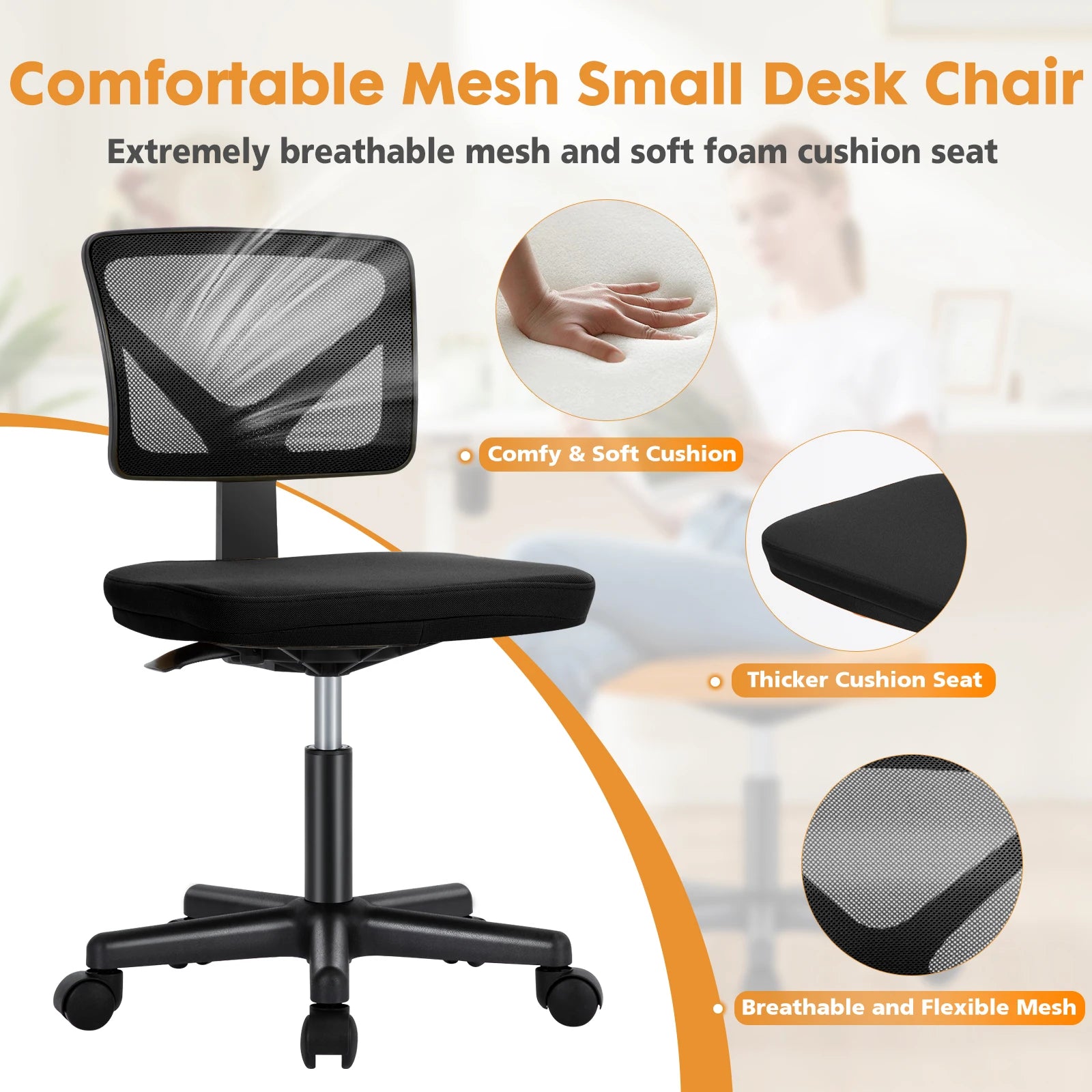 Armless Mesh Office Chair with Lumbar Support & Wheels