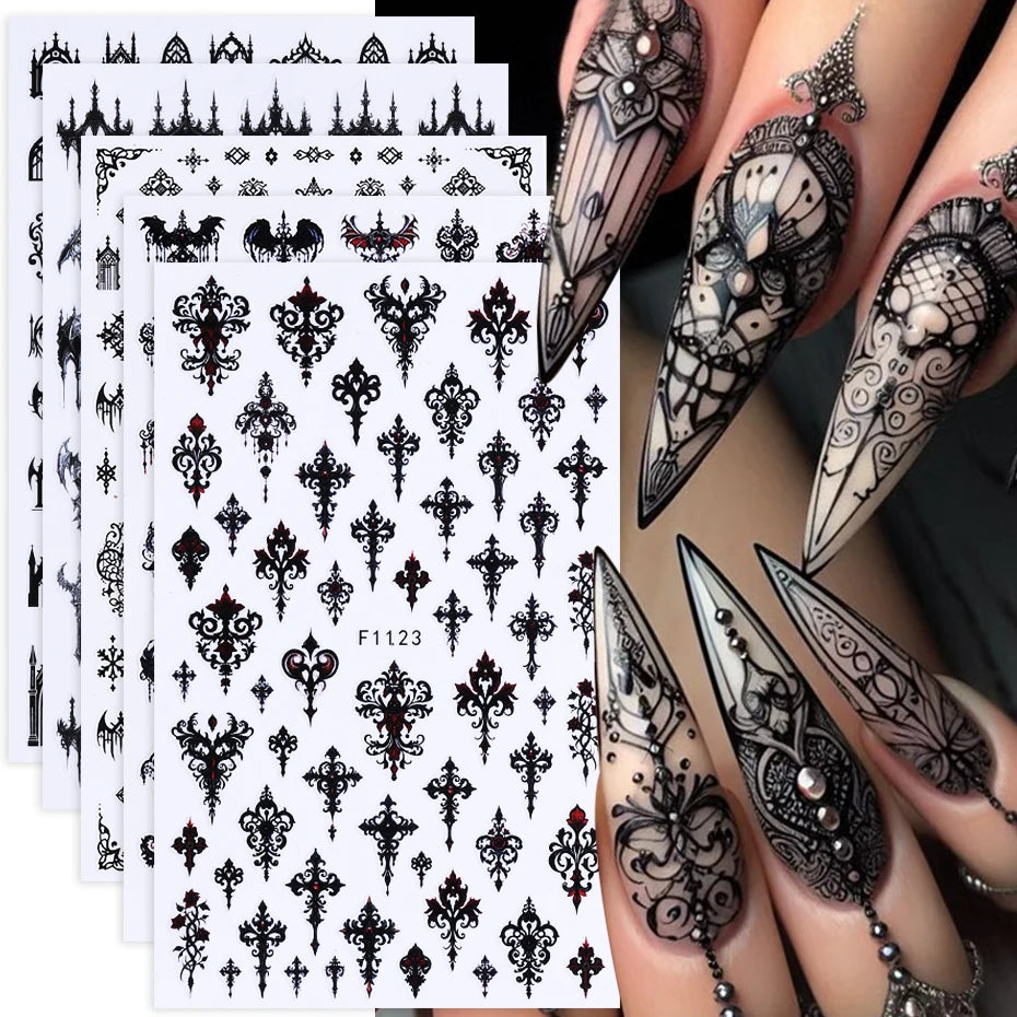 5pcs Gothic Black Nail Stickers Elegant Wedding Laced Designs Halloween Castle Skull Wings Adhesive Foils Sliders Manicure Decor