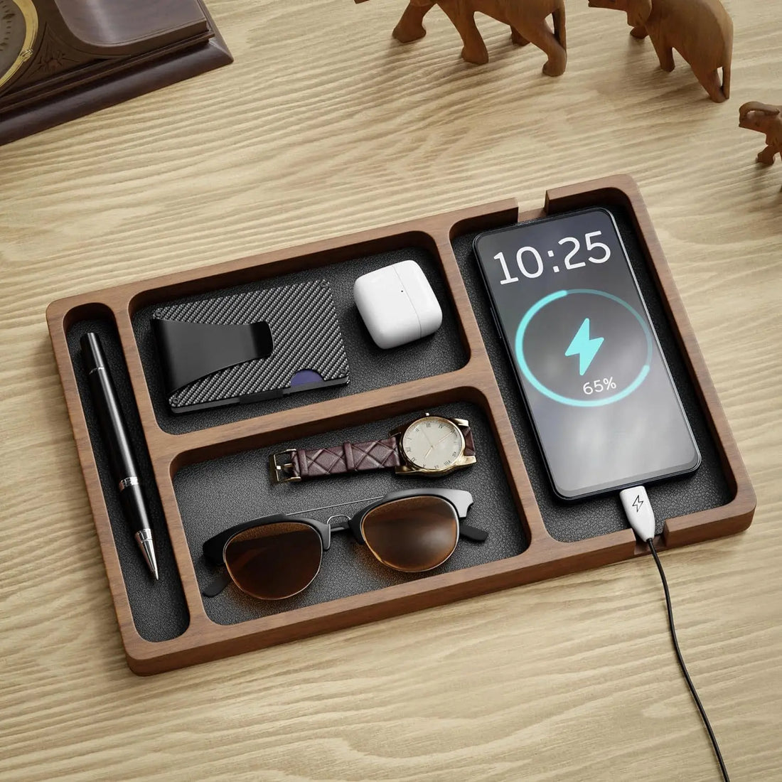 ooden Office Desktop Storage Box Solid Wood Partition Storage Box Mobile Phone Headphone Debris Storage Box Wooden Storage Tray