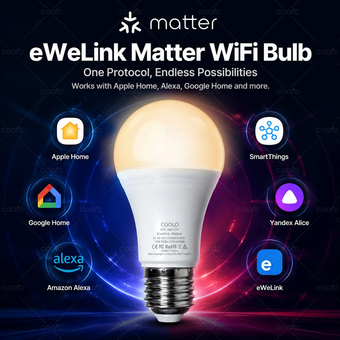 Matter WiFi E27 Smart LED Light Bulbs Dimmable RGB+2700K-6500K Lamp Work With Ewelink Apple Home Alexa Google Home Yandex Alice