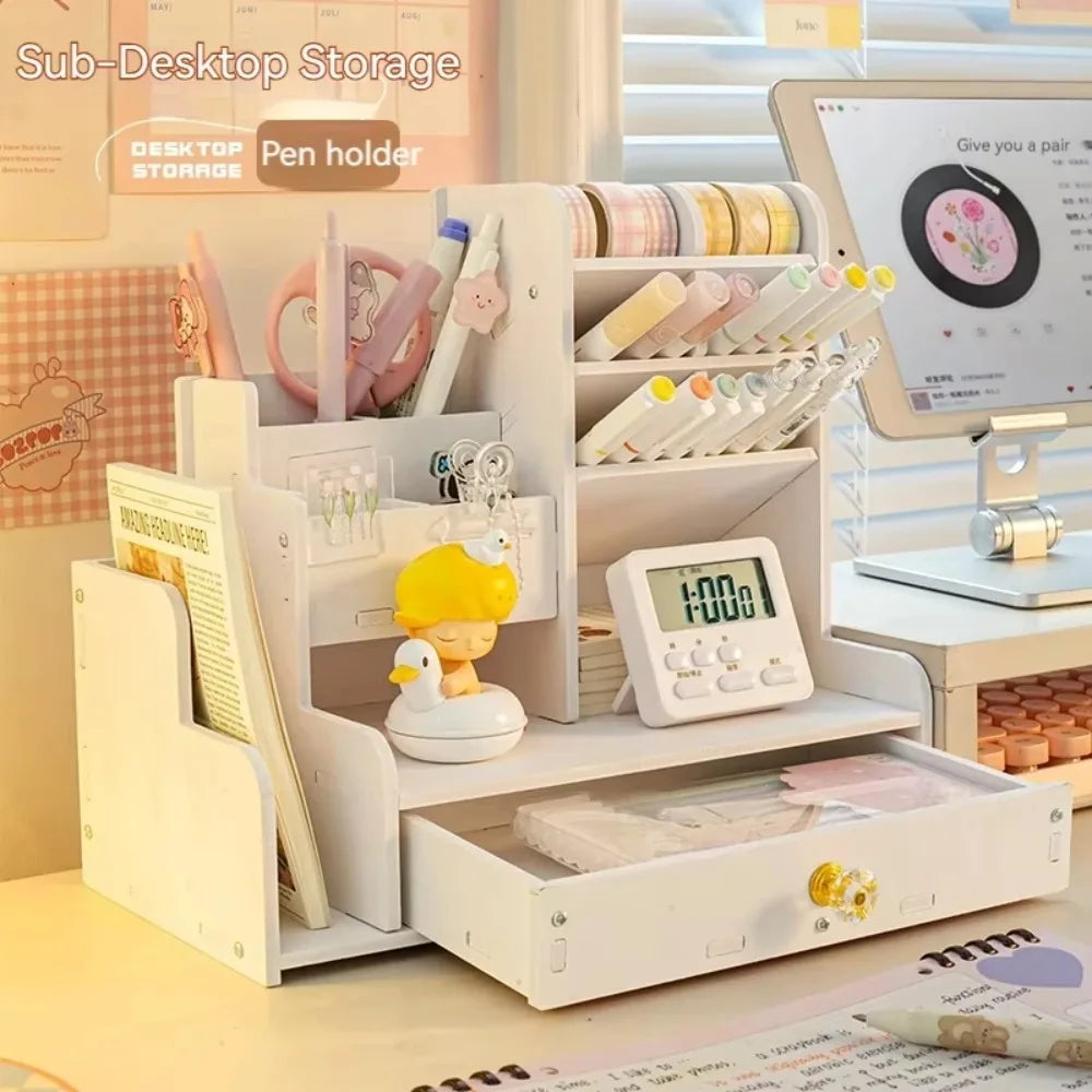 White Wooden Desk Organizer with Pencil Holder