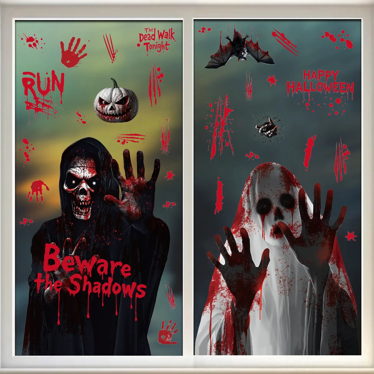 Halloween Static Cling Stickers Scary Ghost Woman Bloody Handprint Window Decals Spooky Party Home Decor Horror Decorations