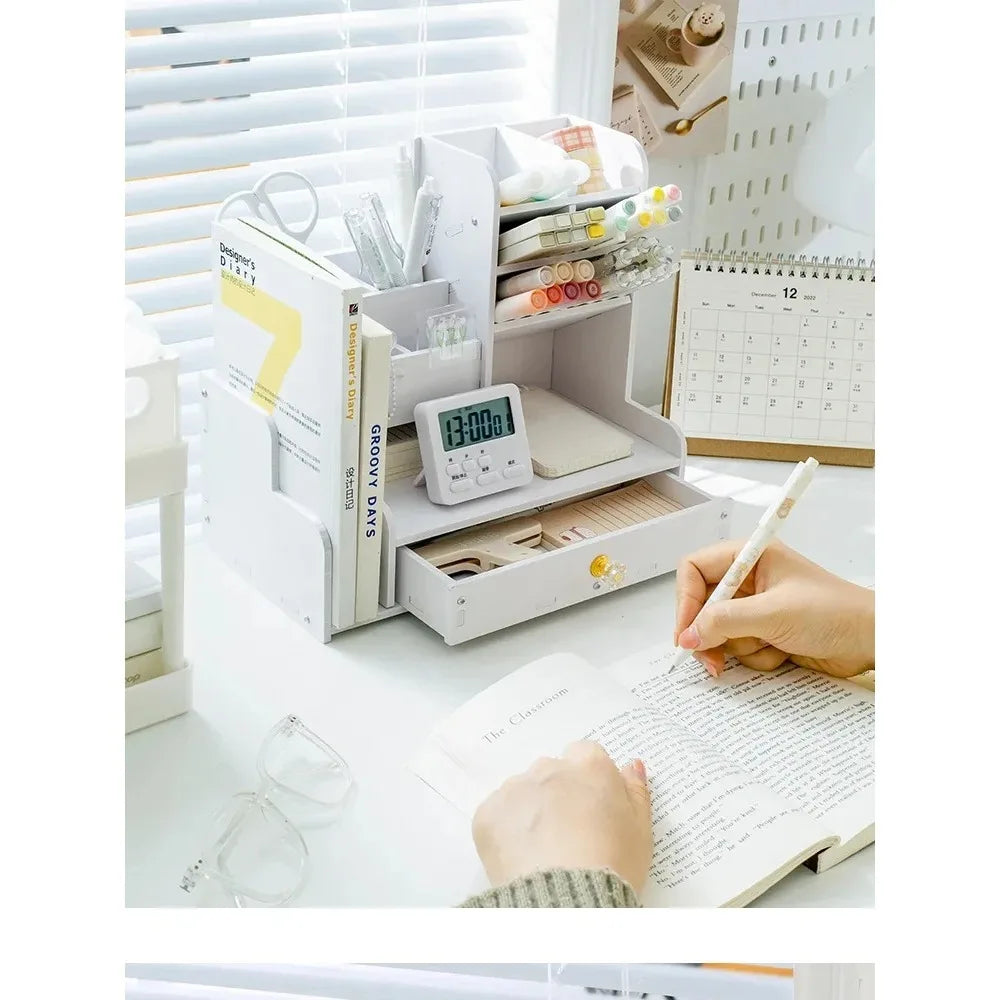 White Wooden Desk Organizer with Pencil Holder