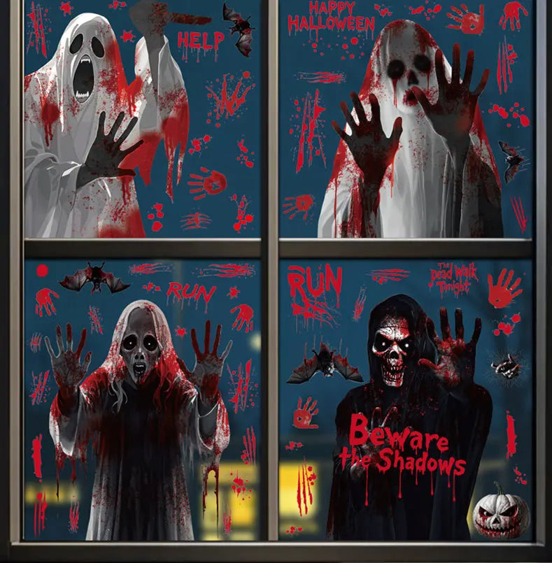 Halloween Static Cling Stickers Scary Ghost Woman Bloody Handprint Window Decals Spooky Party Home Decor Horror Decorations