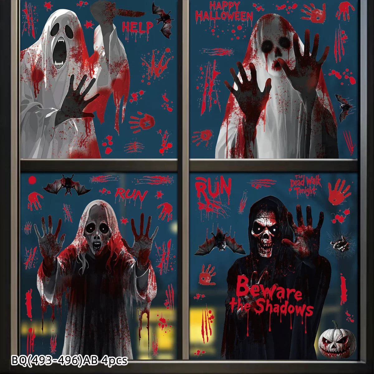 Halloween Static Cling Stickers Scary Ghost Woman Bloody Handprint Window Decals Spooky Party Home Decor Horror Decorations