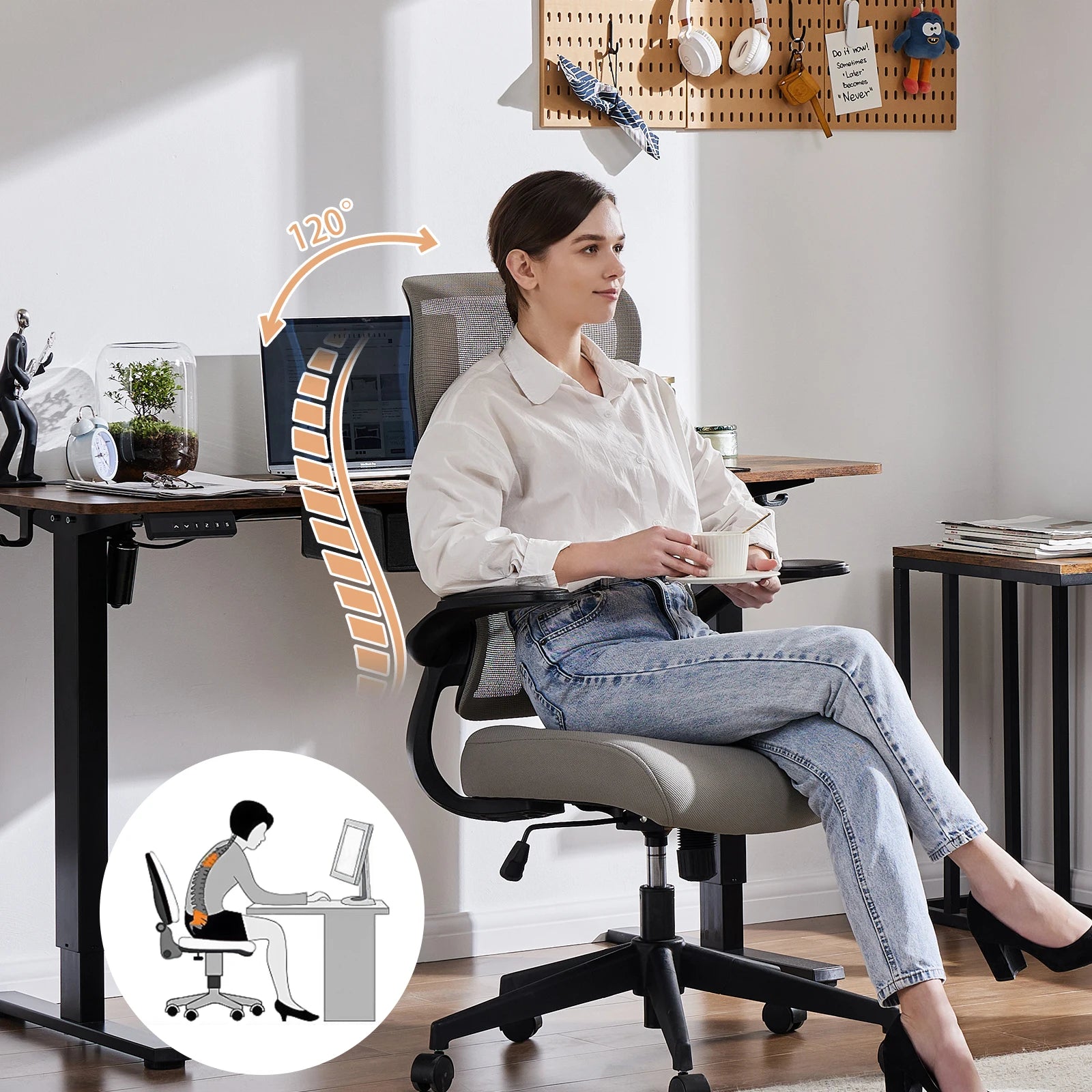 Light Gray Ergonomic Mesh Office Chair with Flip-Up Arms