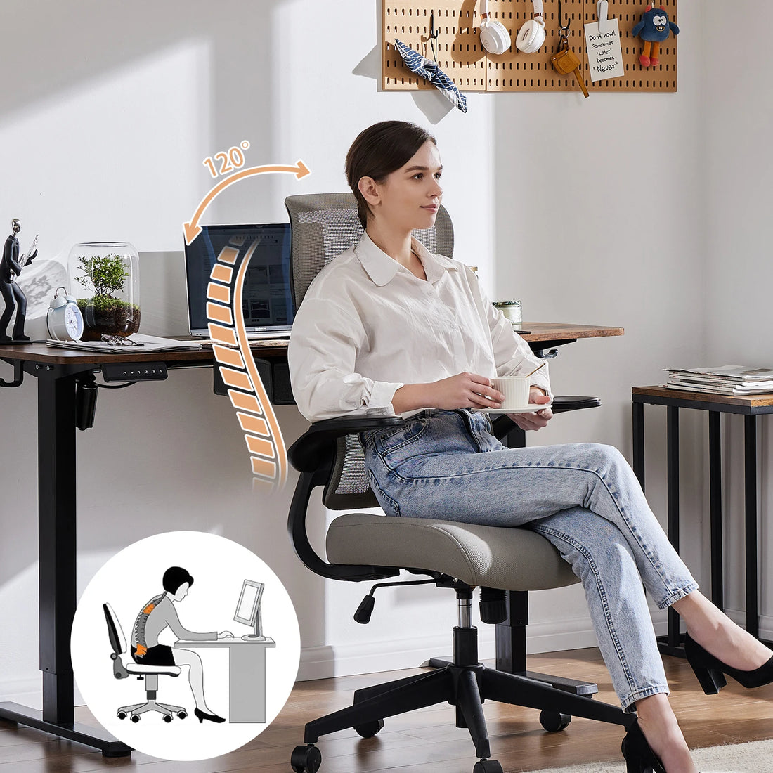 Light Gray Ergonomic Mesh Office Chair with Flip-Up Arms