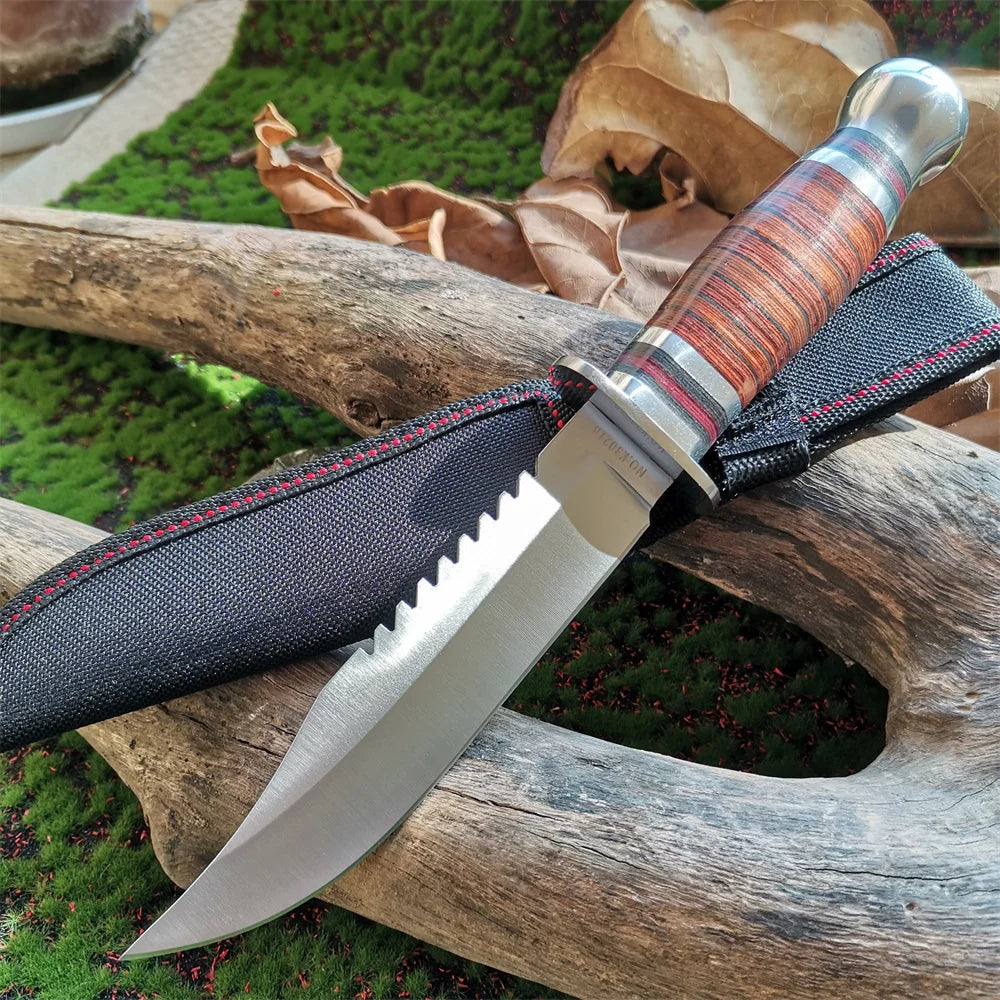 8CR15Mov Steel Hunting Knife with Wooden Handle & Sheath