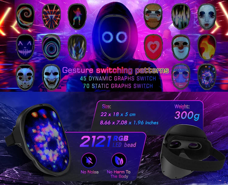 Party LED Light up Mask Gesture Sensing Smart Display LED Face Masks Programmable Bluetooth App Control Transforming Mask