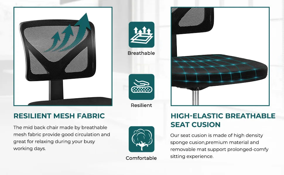 Armless Mesh Office Chair with Lumbar Support & Wheels