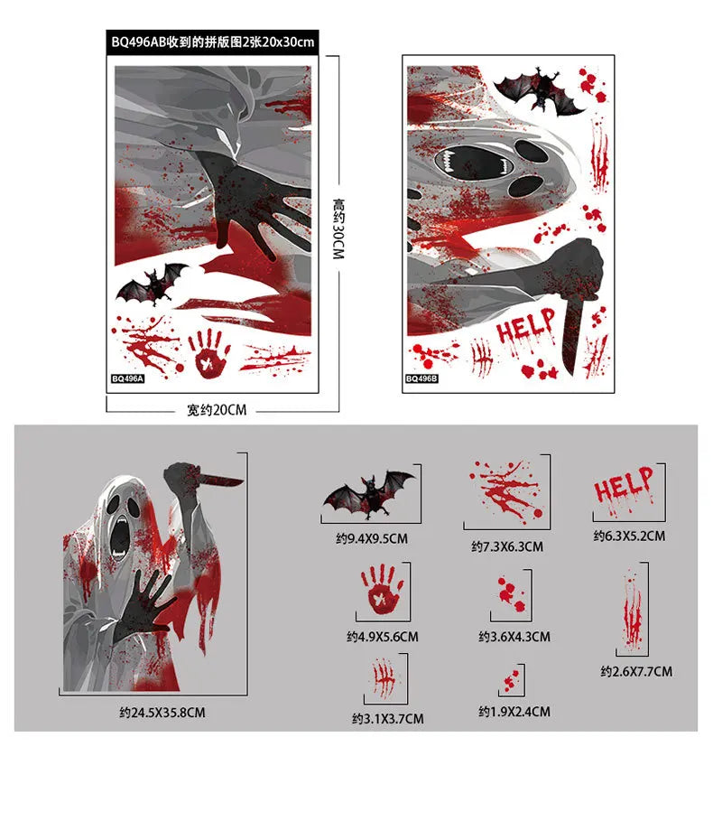 Halloween Static Cling Stickers Scary Ghost Woman Bloody Handprint Window Decals Spooky Party Home Decor Horror Decorations