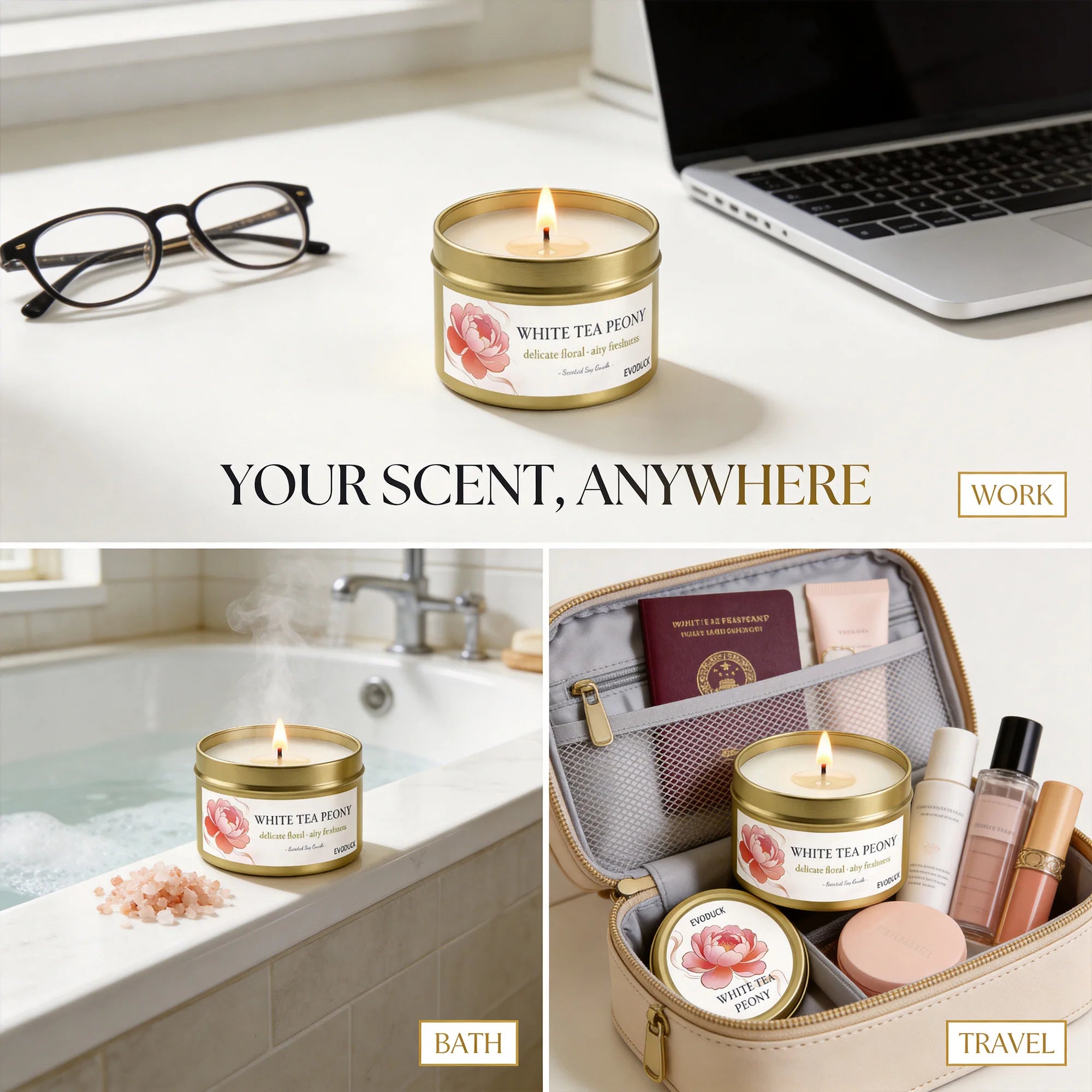 White Tea & Peony Candle – 3oz Soothing Gift for Women
