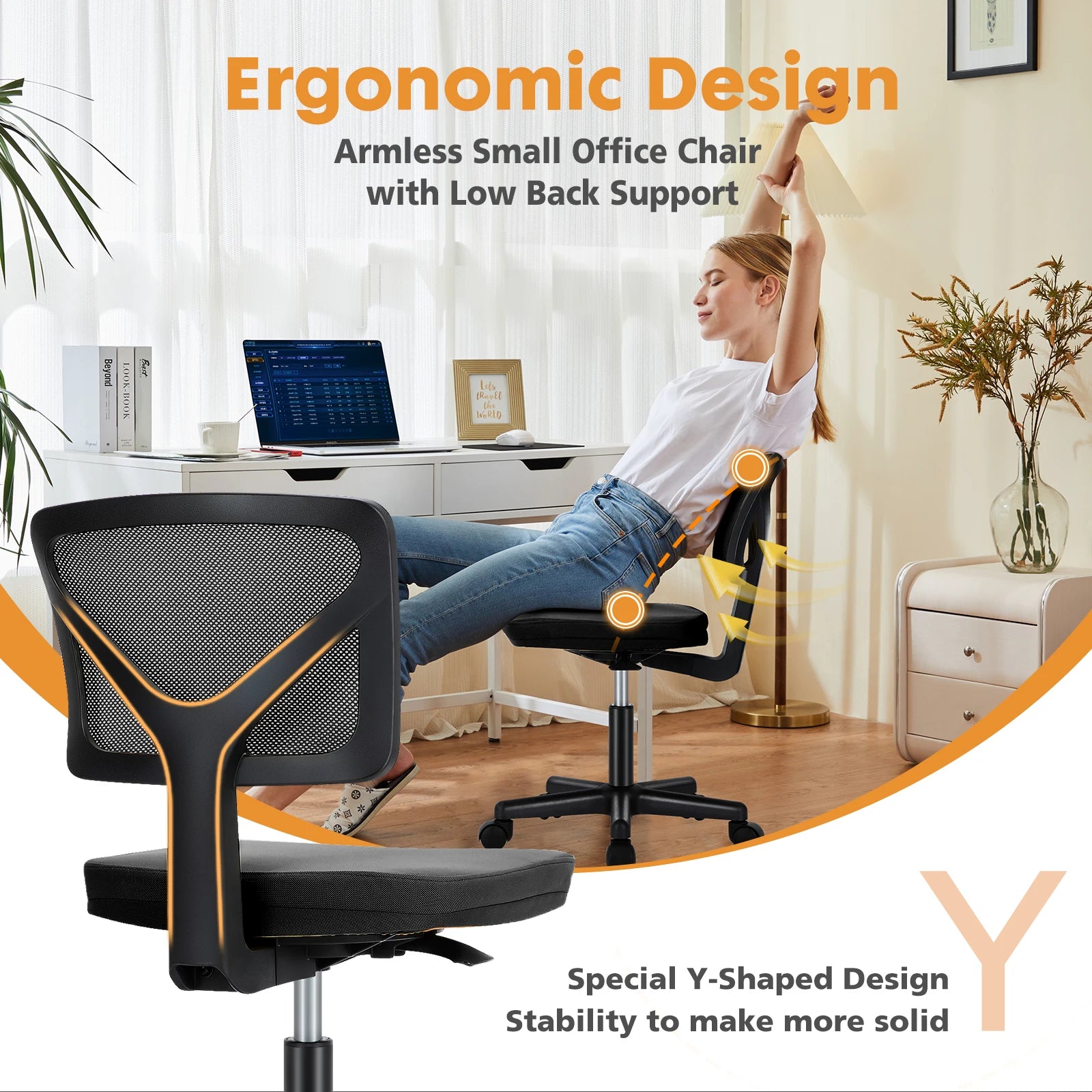 Armless Mesh Office Chair with Lumbar Support & Wheels