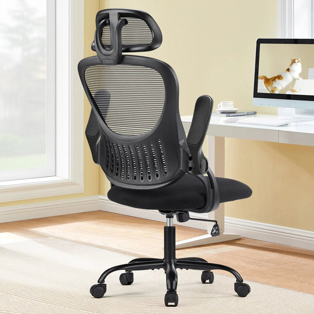 Pink Ergonomic Mesh Office Chair with Flip-Up Arms